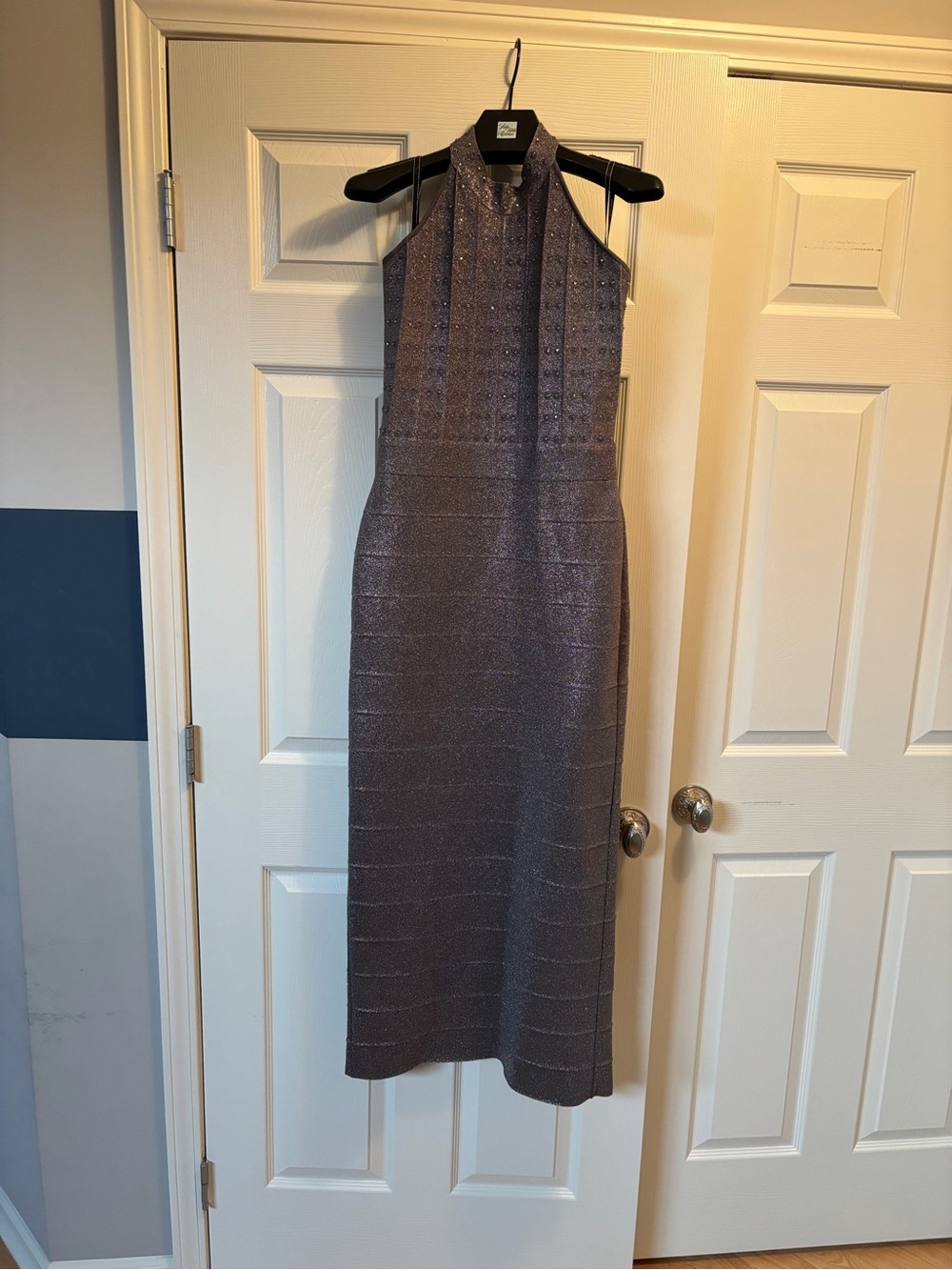 Herve Leger Metallic Mauve Halter Maxi Dress